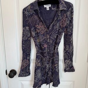 Motherhood Maternity Navy Floral Long Sleeve Blouse V-Neck, Belted
